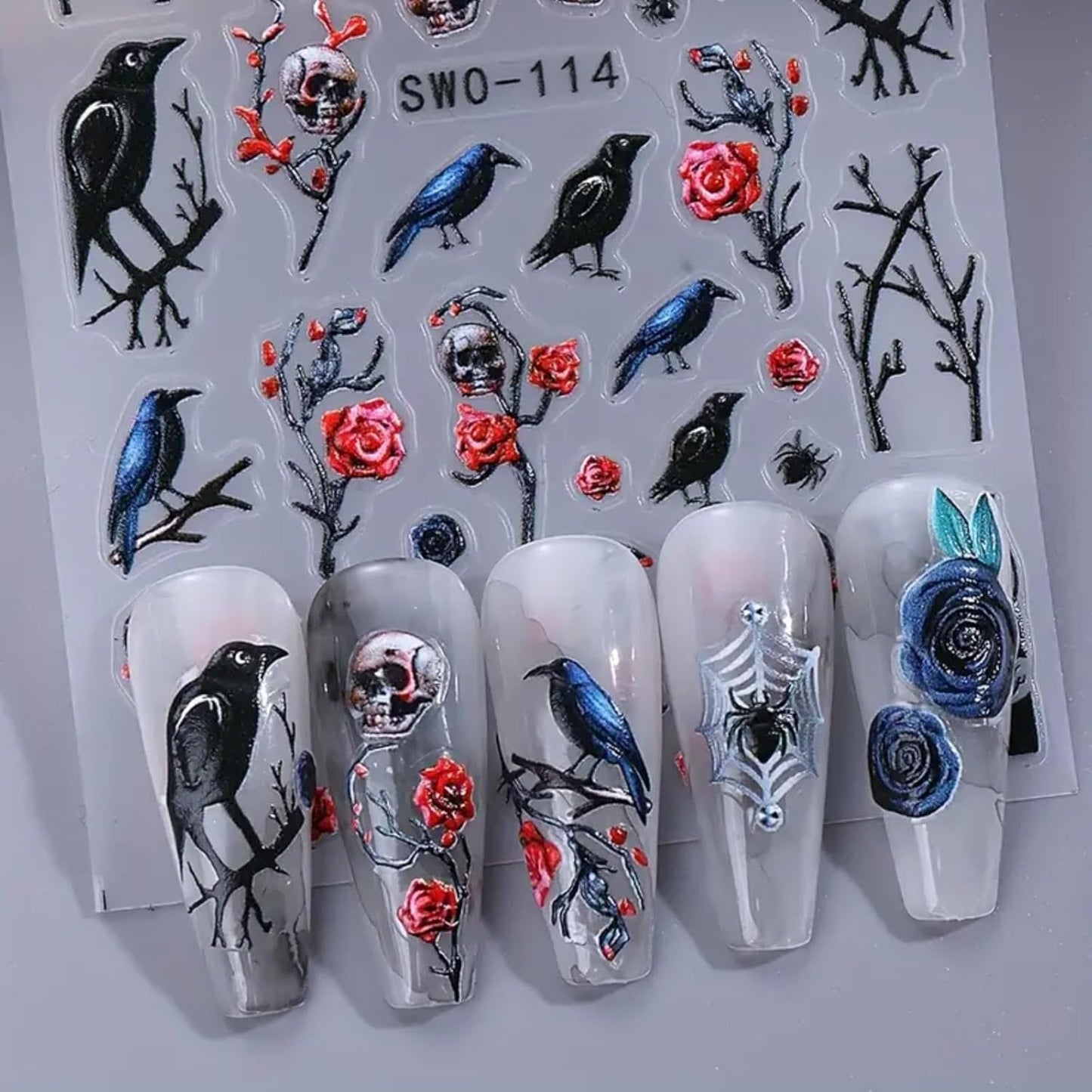 2 Sheets Halloween Nail Art Stickers 5D Embossed Black Bird Nail Decals Dark Skull Crow Dead Tree Nail Design Manicure Sliders Self-Adhesive Horror Halloween Nail Accessories for Women Nail Art