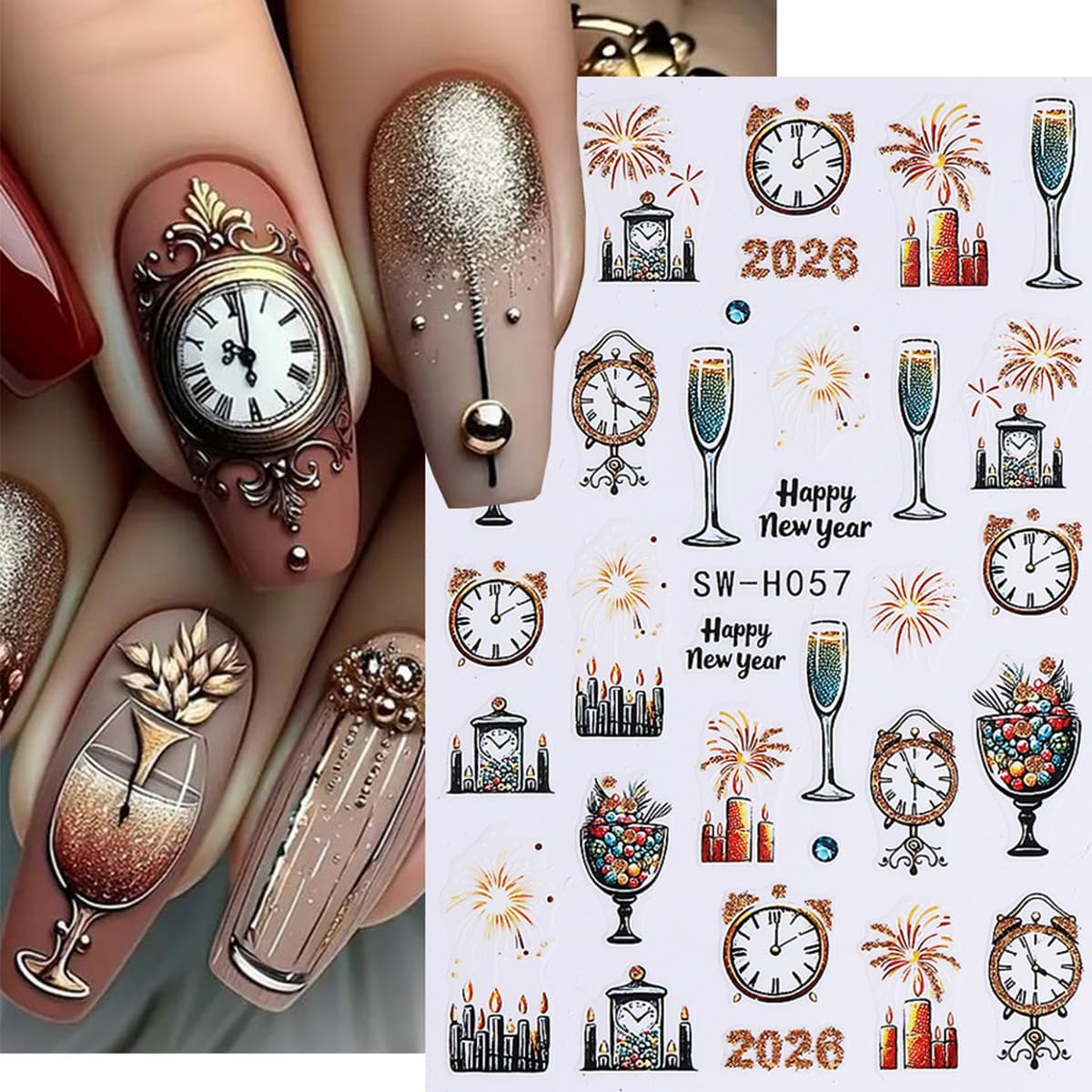 6 Sheets Christmas Nail Art Stickers 2026 New Year Fireworks Clock Xmas Nail Stickers 3D Self-Adhesive Glitter Light Strip Holly Flower Leaf Designs Winter Nail Decals for Women DIY Manicure Supplies