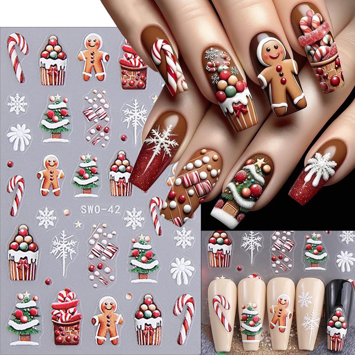 Xmas Nail Art Stickers Decals 5D Embossed Santa Claus Snowman Gingerbread Man Christmas Tree Snowflakes Elk Pattern Nail Decals Cute Nail Stickers for DIY Christmas Party Nail Designs 4 Sheets