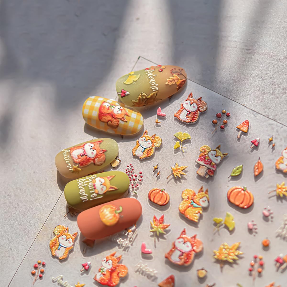 Fall Nail Stickers 5D Embossed Maple Leaf Pumpkin Squirrel Nail Decals Fall Leaves Nails Design Thanksgiving Day Nail Art Stickers Self-Adhesive Maple Leaves Sticker for Women DIY Manicure Decor 1Pcs