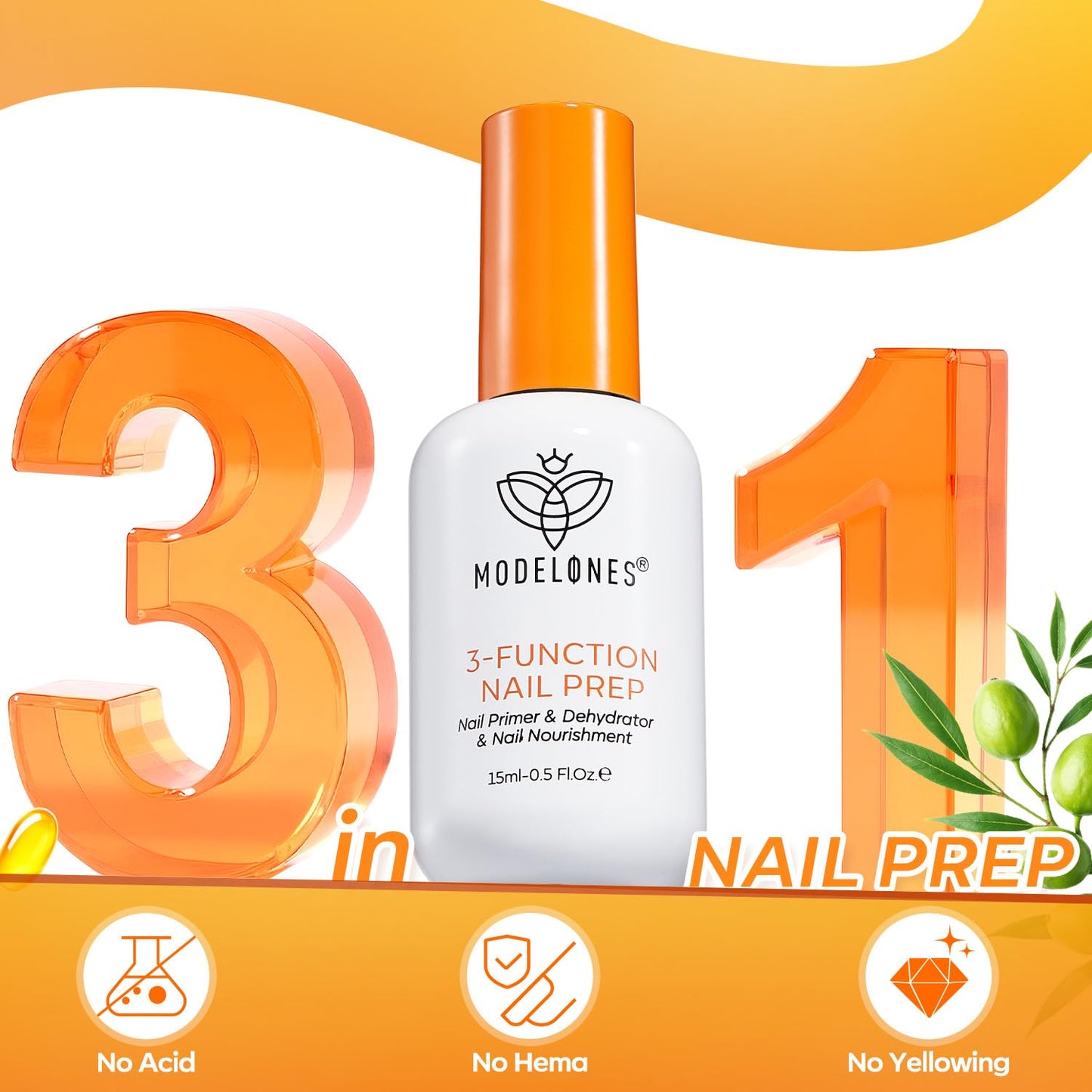 modelones Nail Dehydrator and Primer, 3-in-One HEMA-Free Nourishing Prep for Acrylic & Gel Nails, Supports Growth