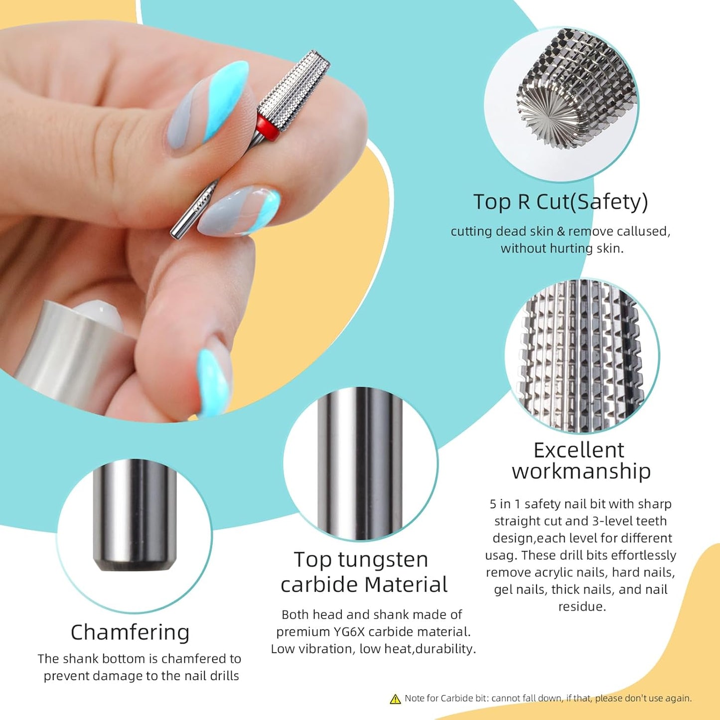 Fine 5 in 1 Nail Drill Bits, Safety Carbide Nail Bit, Straight Cut Tapered Drill Bits for Nails, 3/32 Two-way, Electric Manicure Drills Accessories