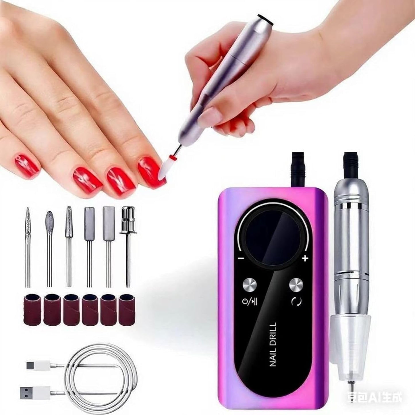 Nail Drill, Portable Wireless Charging Nail File, 45,000 RPM Professional Nail Care Machine for Manicure & Pedicure, Electric Nail Drill Set, Purple