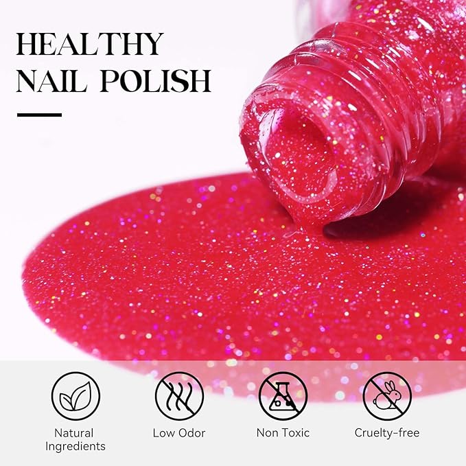 MIZHSE Quick Dry Nail Polish, Shimmery Hot Pink Nail Polish Air Dry Fast, Sparkle Shiny Water-based Glitter Non Gel Full Coverage Nail Art Manicure Home 15ml