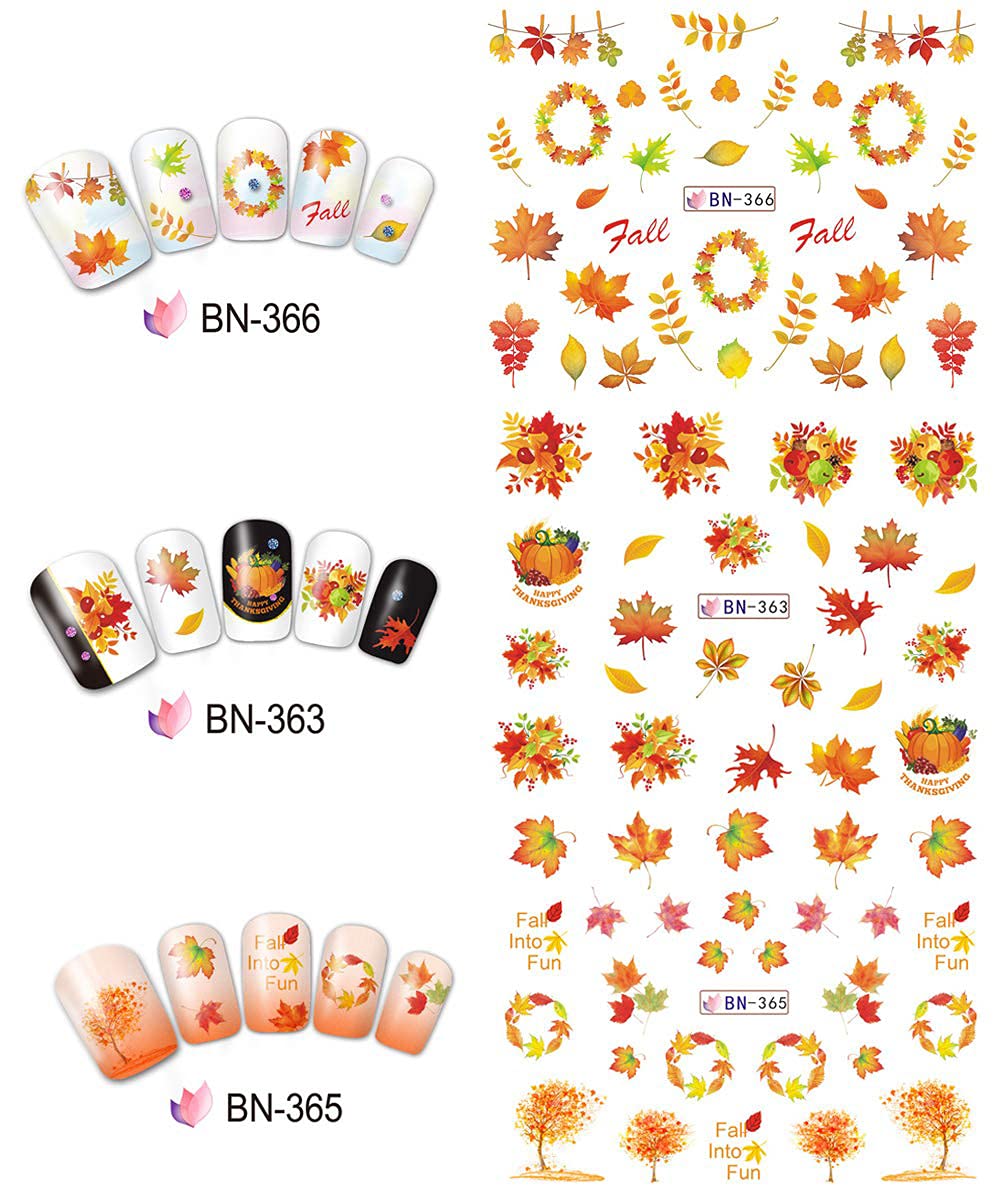 12 Sheets Fall Nail Art Stickers Thanksgiving Nail Decals Water Transfer Foils Maple Leaf Pumpkin Turkey Autumn Nail Stickers for Women Girls Kids DIY Fingernail Toenail Decoration Manicure