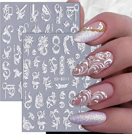 2 Sheets Embossed Flowers Nail Art Stickers Self-Adhesive White Vine Pattern Nail Supplies 5D Flower Nail Stickers for Nail Art Spring Floral Nail Decals for Women Girls DIY Nail Decoration