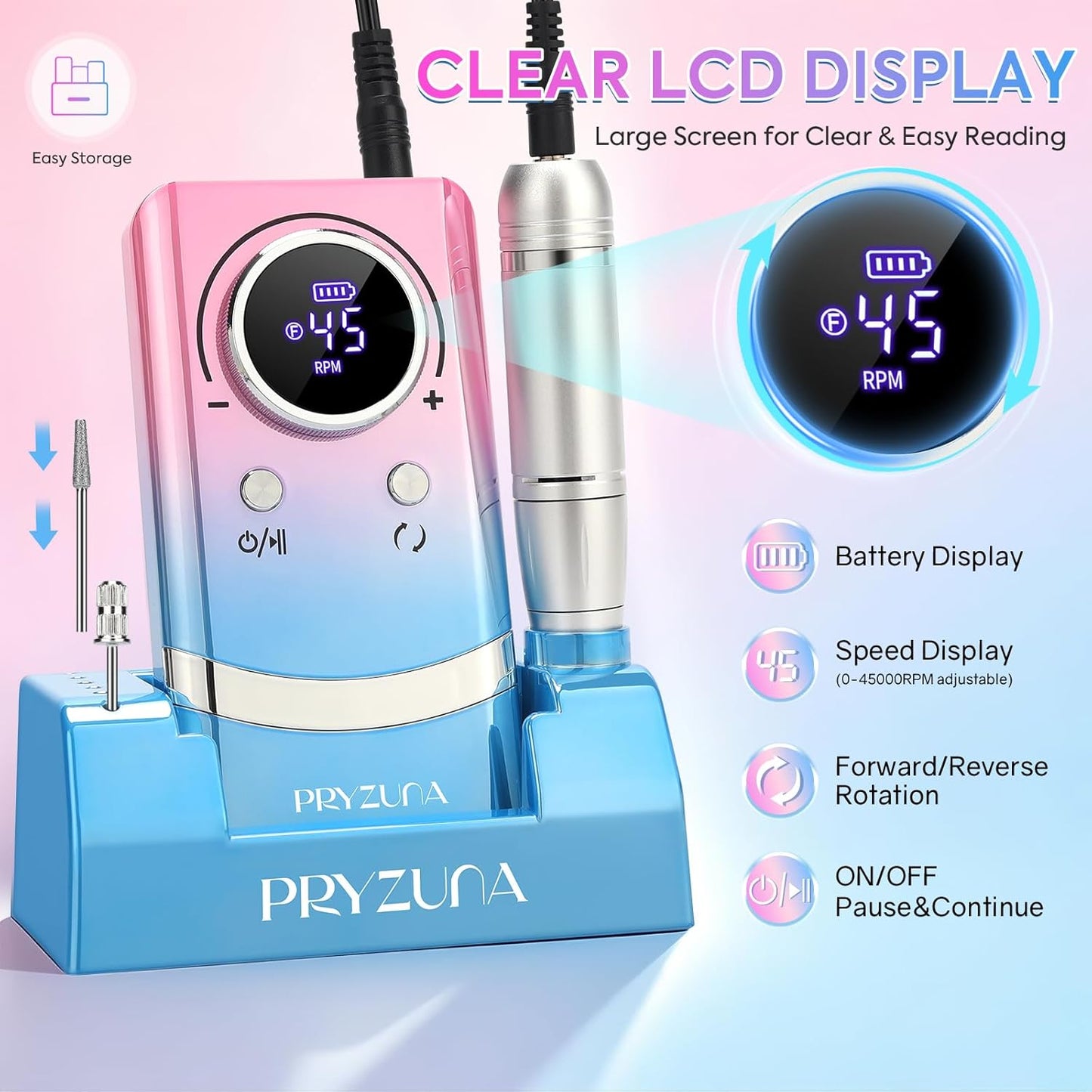 Electric Nail Drill Professional 45000RPM, Portable Cordless Nail File for Acrylic & Gel Nails, Rechargeable E-File Machine with 7 Drill Bits, 56 Sanding Bands & Base, for Salon or DIY Home (Gradient)