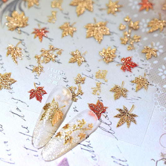 1 Sheets Embossed Fall Nail Stickers for Nail Art 5D Self-Adhesive Gold Maple Leaf Nail Decals Autumn Maple Leaves Nail Art Stickers Thanksgiving Nail Design Sticker for Women Nail Decoration