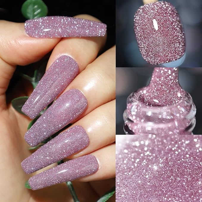 MIZHSE Diamond Gel Nail Polish, Reflective Glitter Pink Gel Polish, Sparkly Shiny Shimmer Nail Art Varnish Manicure, Soak Off LED Lamp, for Beginners DIY at Home