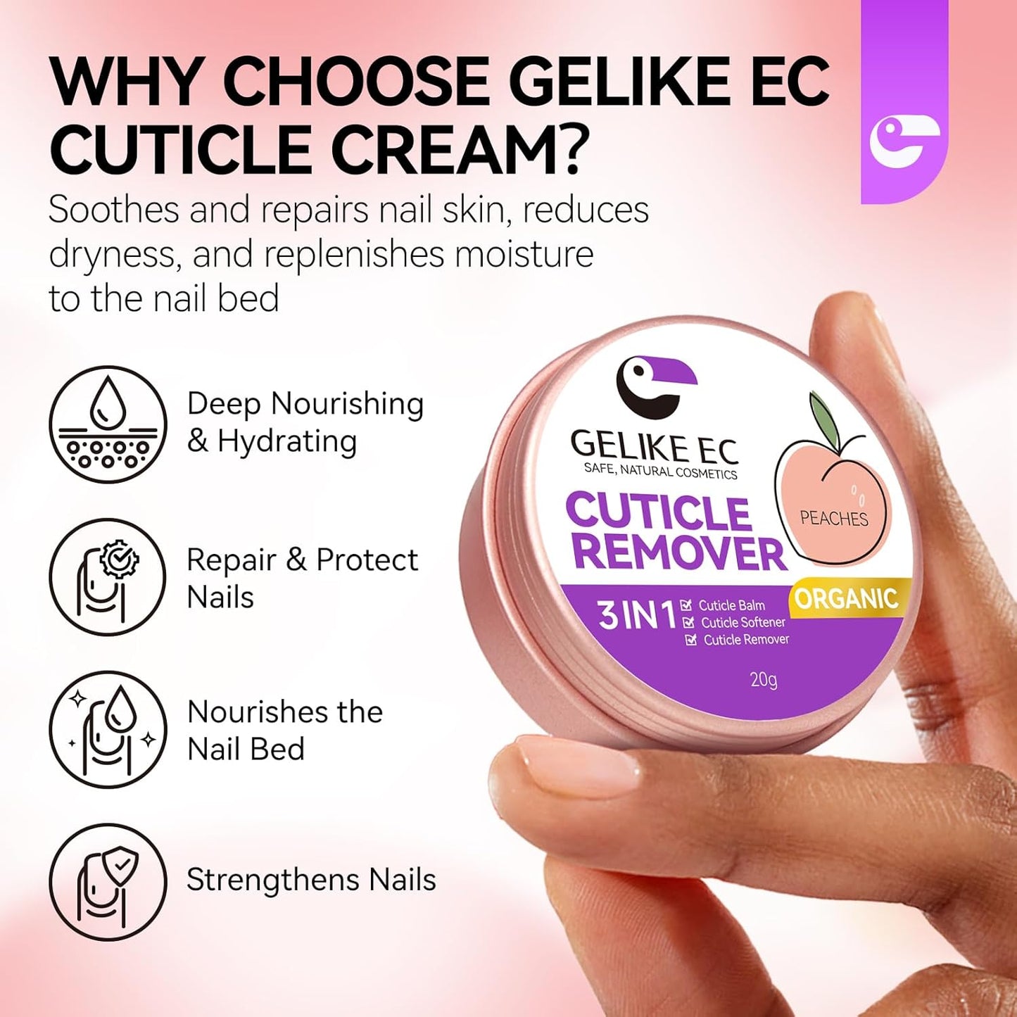 gelike ec Cuticle Cream for Dry Damaged Cuticles Organic Nail Cuticle Remover for Dry, Rough Hands Cracked Rigid Skin - Professional for Salon Home Use