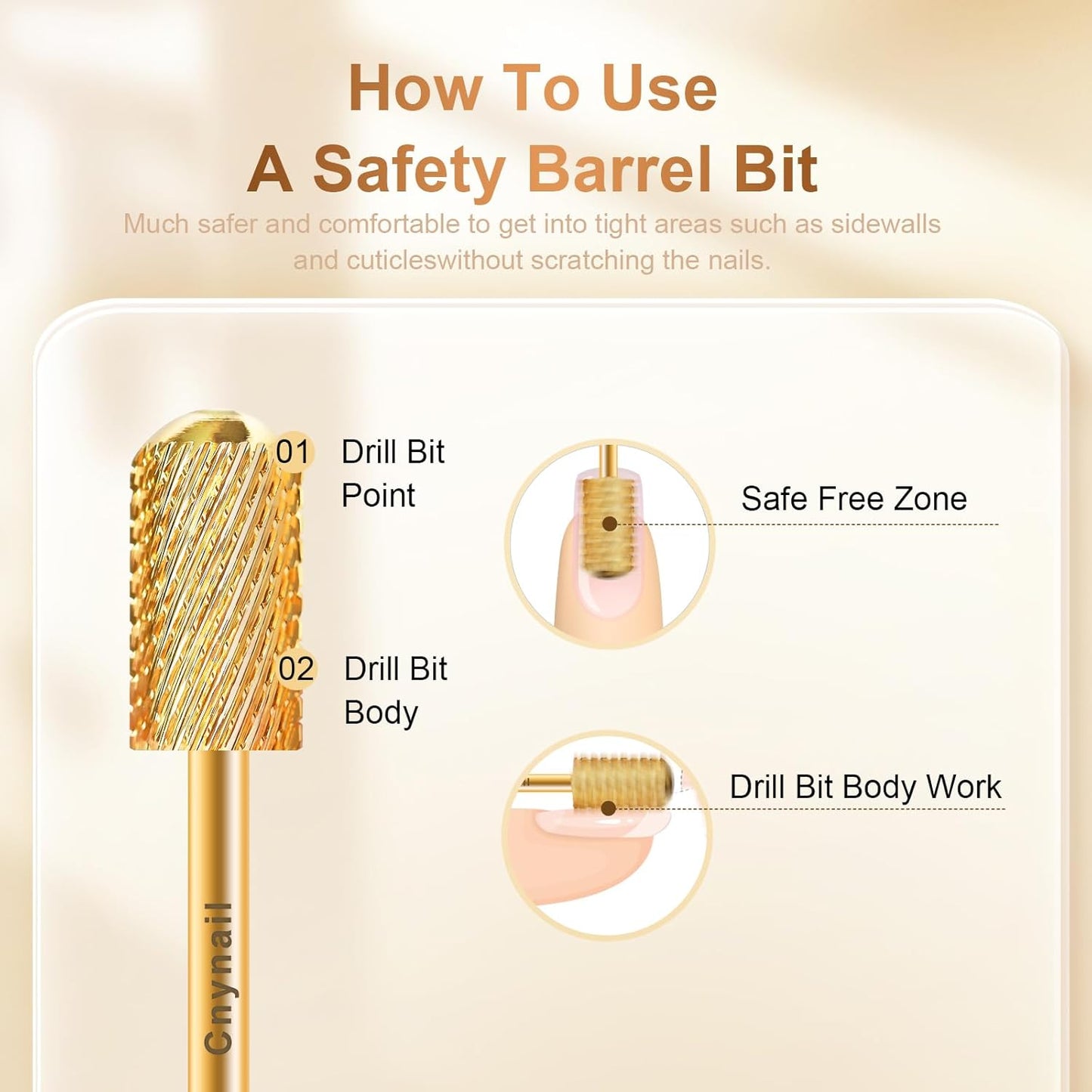 3/32" Large Barrel Smooth Round Top Tungsten Carbide Nail Drill Bit Safety Bit for Gel & Acrylic Removal, 2-Way Rotating Efile Tip, Salon Electric File Accessory (C Grit, Gold)