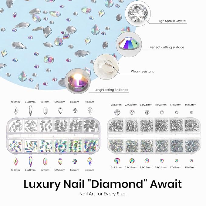Beetles Gel Polish Nail Glue with Nail Gems Set, 15ml Nail Rhinestone Glue &120+2000Pcs Crystal Glass AB Rhinestones for Nails Art, Nail Gems with Double-Ended Clean Up Nail Brush Gifts for Girls