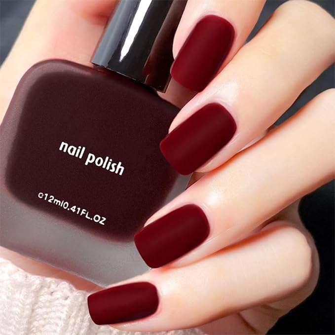 COSMOO 12ml Burgundy Matte Nail Polish, Quick Dry Nail Lacquer for Nail Art Varnish, Mist Effect Matte Finish Velvet Nail Polish, 0.41 fl oz (Burgundy, 0.41 fl oz)