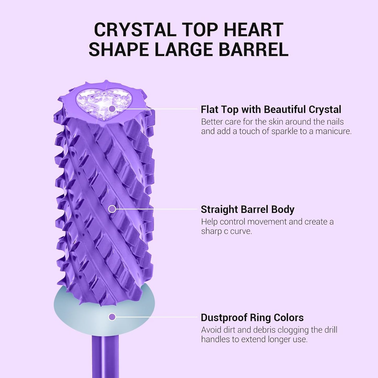 MelodySusie Large Barrel 3/32'' Tungsten Carbide Nail Drill Bit, Crystal Top Purple Heart Shape, Fast Remove Acrylic Gel, Cuticle Gel Polishing for Manicure Pedicure, Purple, Series Bit-S, 4XC