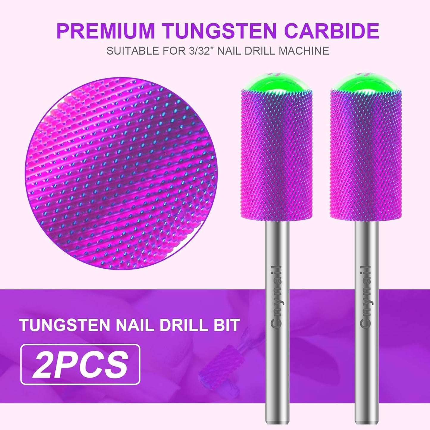 3/32" 2PCS Large Barrel Smooth Round Top Tungsten Carbide Nail Drill Bit Safety Bit for Gel & Acrylic Removal, 2-Way Rotating Efile Tip, Salon Electric File Accessory (XF Grit, Purple)