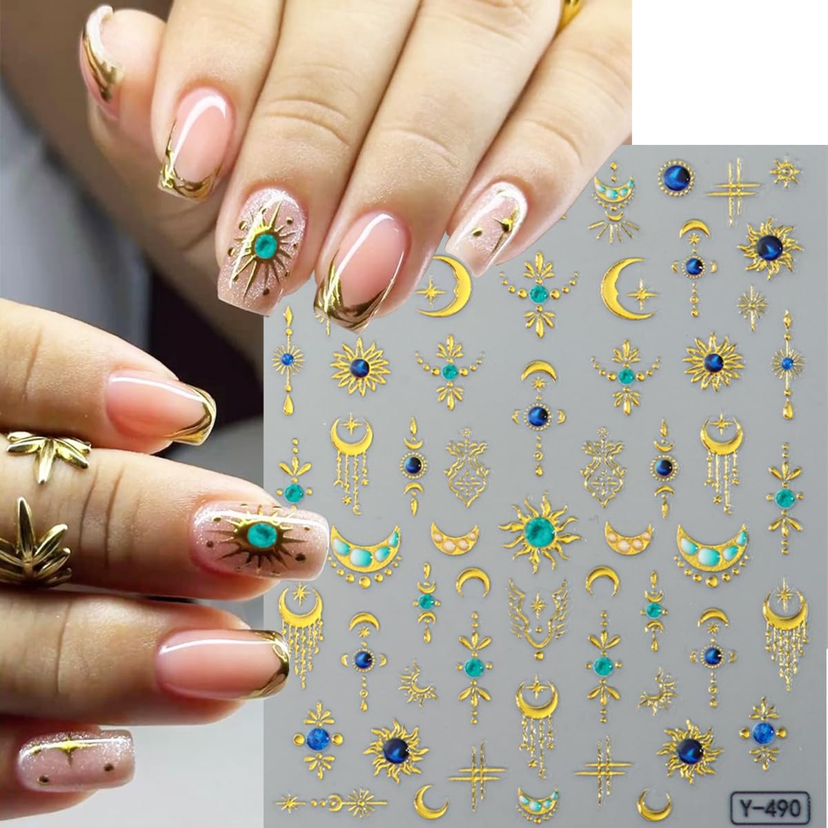 2 Sheets Star Sun Moon Nail Art Stickers 5D Embossed Gold Silver Nail Stickers Bohemian Style Blue Green Crystal Diamonds Design Star Nail Art Decals Manicure Slider for Women DIIY Nail Decorations