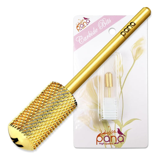 PANA 3/32" Large Smooth Round Top Safety Carbide Nail Drill Bit for Gel Polish & Acrylic Removal Nail Salon Manicure Pedicure Electric File Tools (Large Barrel - Gold, Medium)
