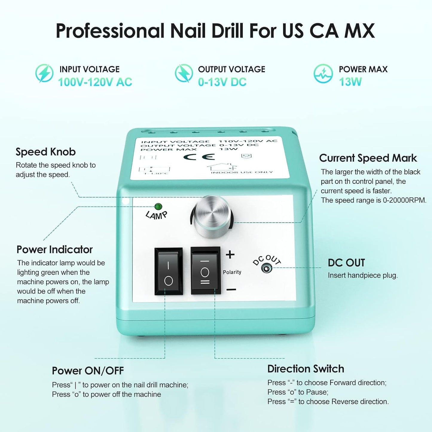 Professional Nail Drill Machine 20000 RPM Efile Electric Nail Filer Kit for Finger Toe Nails, Acrylic Gel Dip Nails, Manicure Pedicure Drill Tools with 6Pcs Nail Bits and 106Pcs Sanding Bands, Green