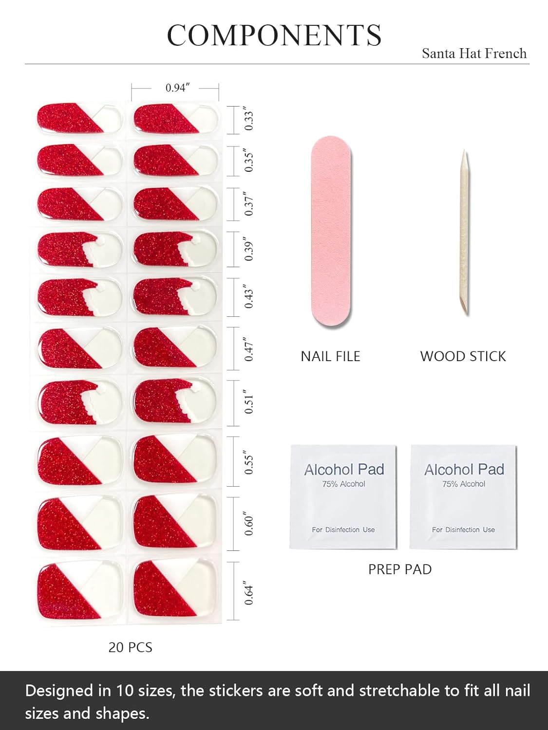 Semi Cured Gel Nail Strips (Santa Hat French), Red Glitter, 20 Pcs Christmas Gel Nail Wraps, Stickers, UV Light Required, Salon Quality