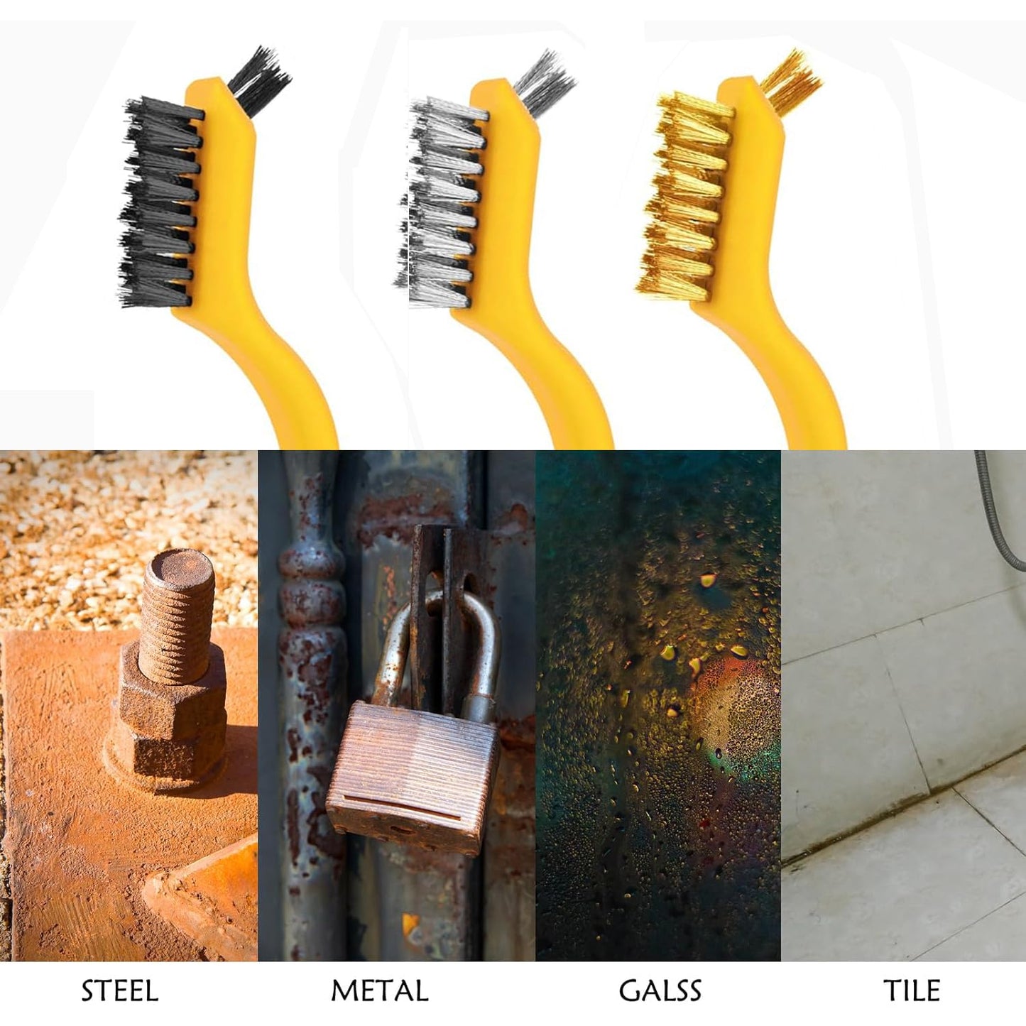 Wire Brush Set 3Pcs, Nylon/Brass/Stainless Steel Bristles with Curved Handle Grip for Cleaning with Curved Handle Grip for Rust Removal, Dirt, Paint Scrubbing Yellow