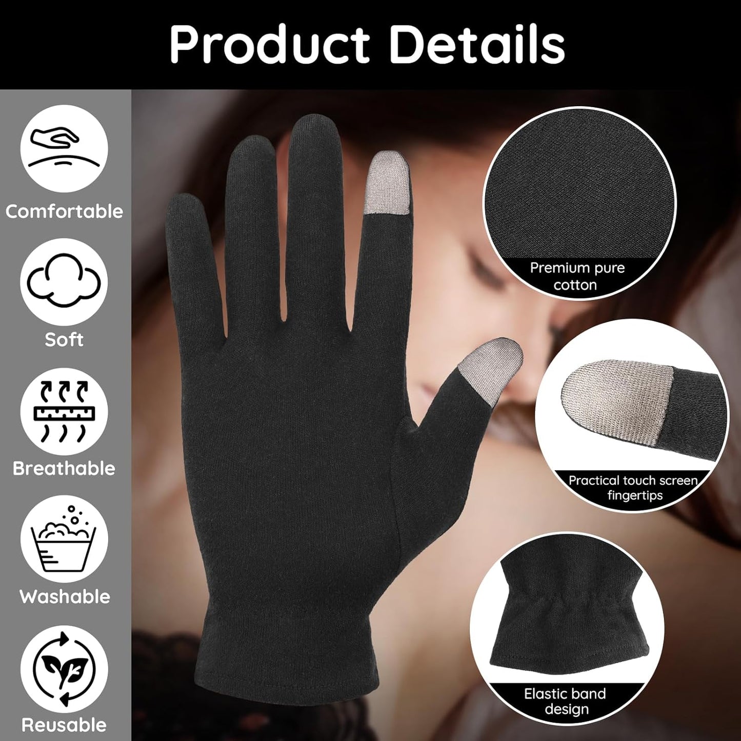 Segbeauty 12 Counts Elastic Touch Screen Hand Moisturizing Cotton Gloves for Dry Hands Sleeping Overnignt, 6 Pairs Black Cotton Gloves with Elastic Band, Reusable Lotion Gel Spa Moisture Sleep Glove