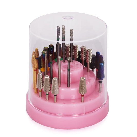 PANA Round Cake Tier Nail Drill Bit Holder Display Organizer Case - Dustproof Carbide Bit Storage Container Box For Manicure Tools Nail Salon - 48 Holes Pink (Drill Bits Not Included)