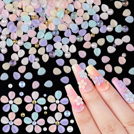 500Pcs Flower Nail Charms Kit, 400Pcs 3D Colorful Flowers Petals and 100Pcs Round Pearls with Nail Beads, Cherry Blossom Petal Tiny Gems Mixed Rhinestone for Nails DIY