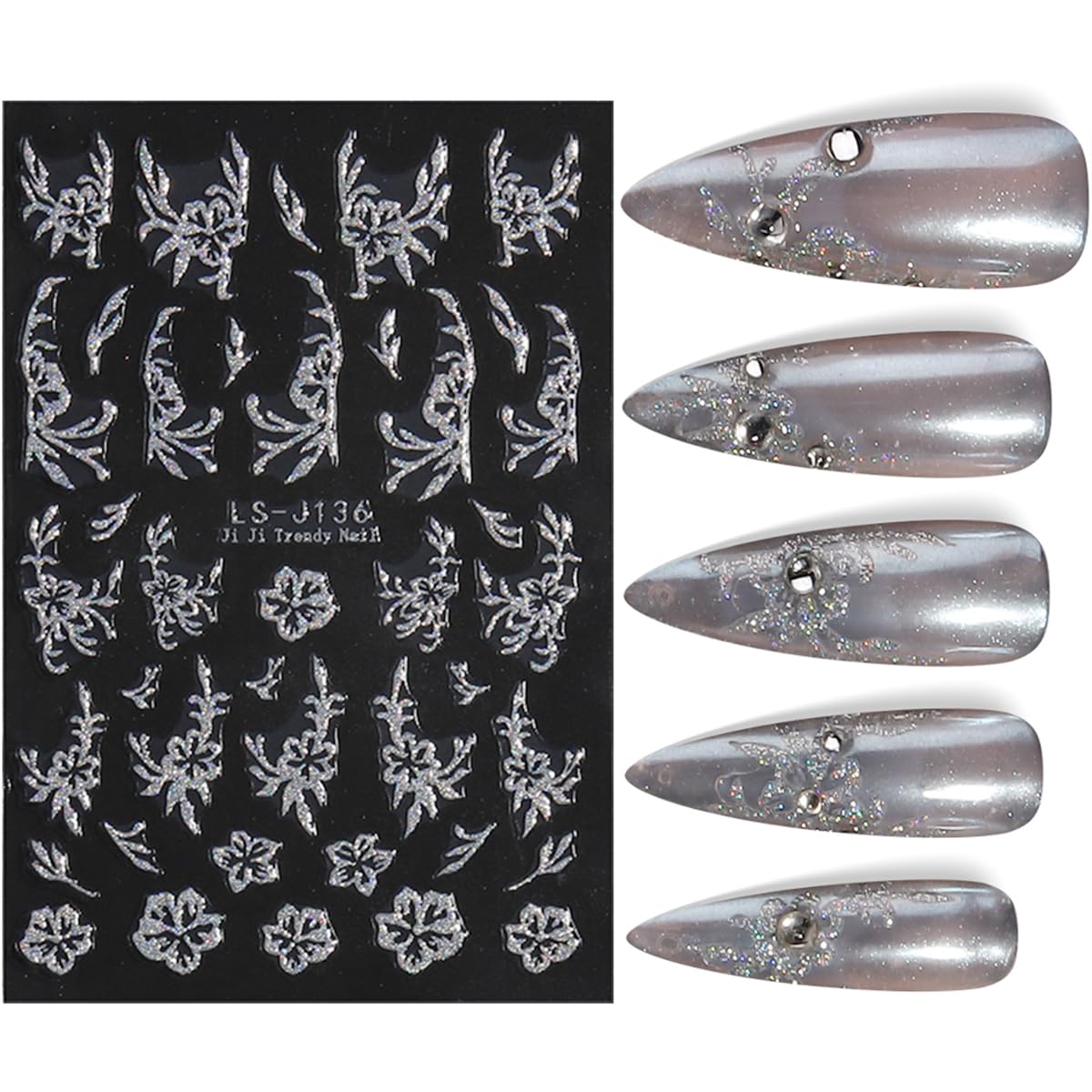 JMEOWIO 8 Sheets Christmas Glitter Nail Art Stickers Decals Self-Adhesive Silver Snowflake Nail Supplies Nail Art Design Decoration Accessories