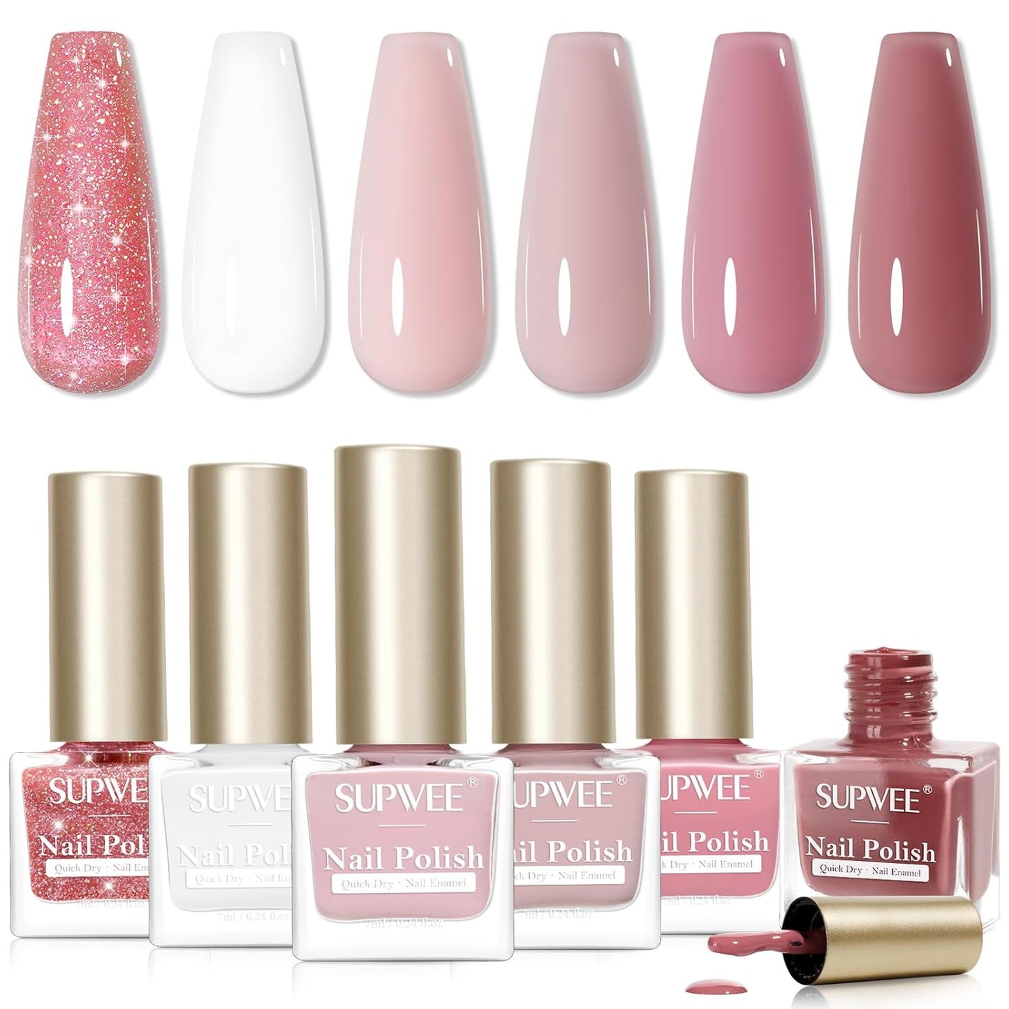 Nude Pink Nail Polish Set, Quick Dry Sheer Regular Nail Polish White Light Pink Glitter Fingernail Polish Natural Neutral Nail Lacquer High Glossy Nail Manicure DIY Salon Gift for Women Girl