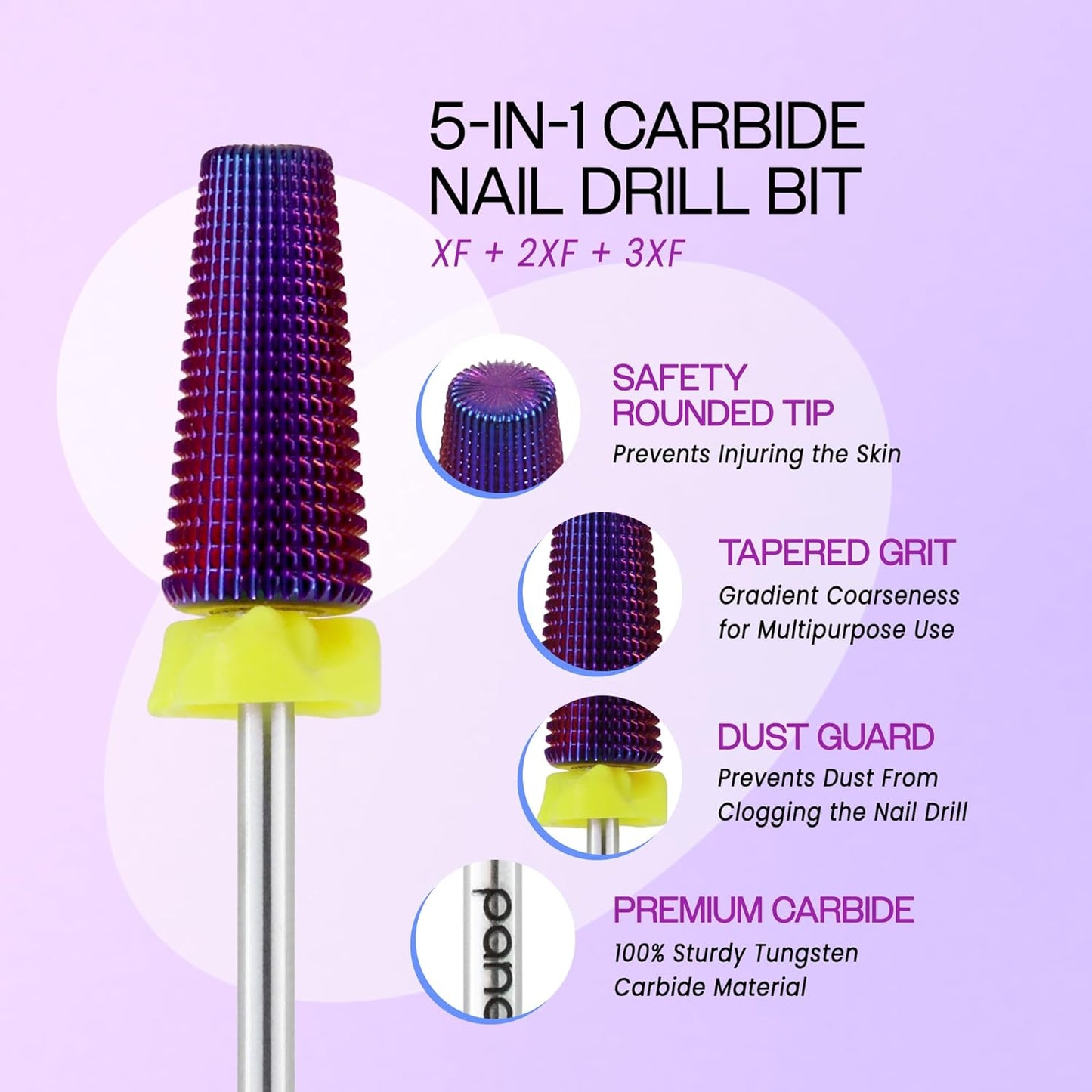 PANA 3/32" Shank 5-in-1 Nail Carbide Bit - (Triple Coarse - Extra Fine Grit, Purple) - Two Way Rotate use for Both Left and Right Handed Fast Remove Acrylic or Hard Gel Machine