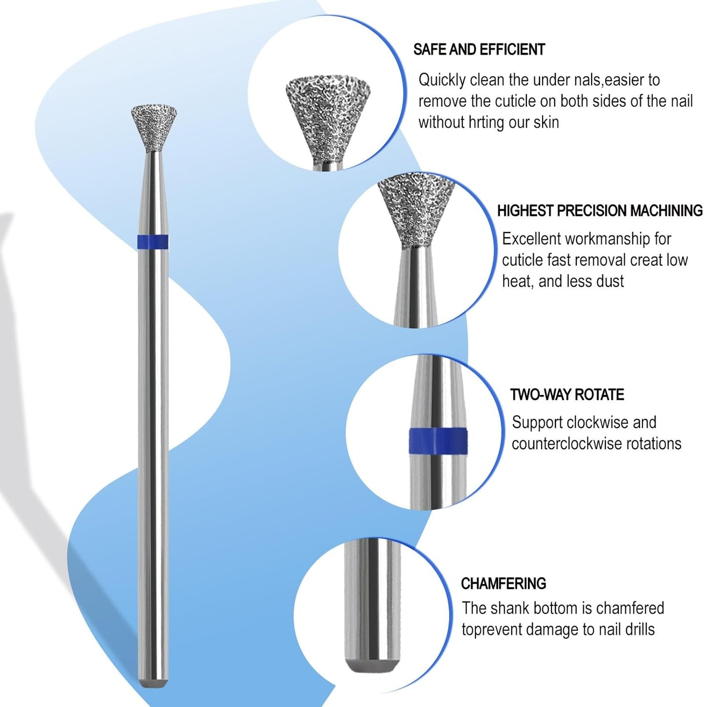 Cuticle Clean Nail Drill Bit, 3/32" Russian Diamond Nail File bits, Safety Carbide Under Nail Cleaner for Cuticle Dead Skin Nail Prepare, Overflow Gel Polishing (Medium)