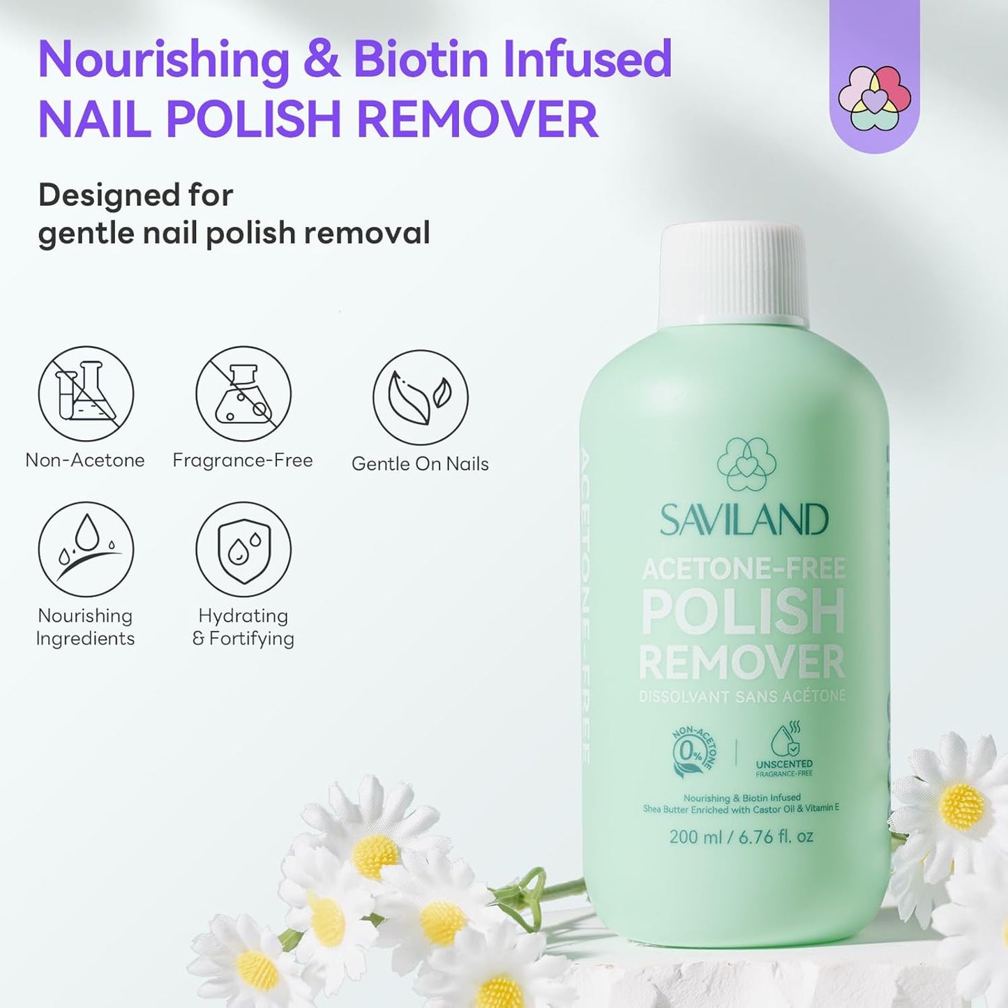 SAVILAND Plant-Based & Natural Nail Polish Remover: Non Acetone Nail Polish Remover Gentle Non Toxic Fingernail Removal with Shea Butter Castor Oil Vitamin E for Nail Care Home 200 ML