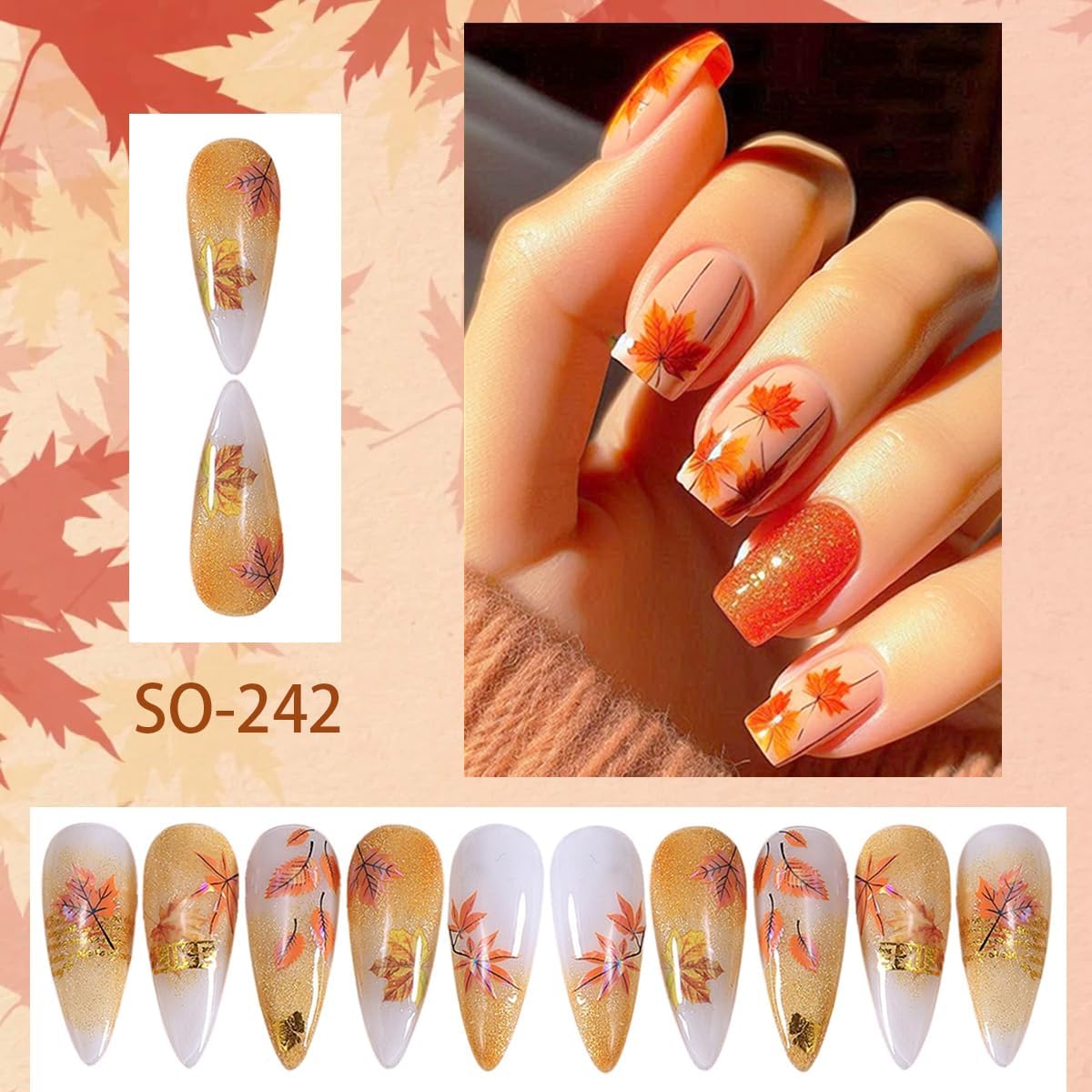 Laser Maple Leaf Nail Art Stickers Decals Holographic Glitter Self-Adhesive Fall Nail Decals Design Thanksgiving Maple Leaf Nail Stickers for Nail Art DIY Manicure Autumn Nails Decoration 4 Sheets