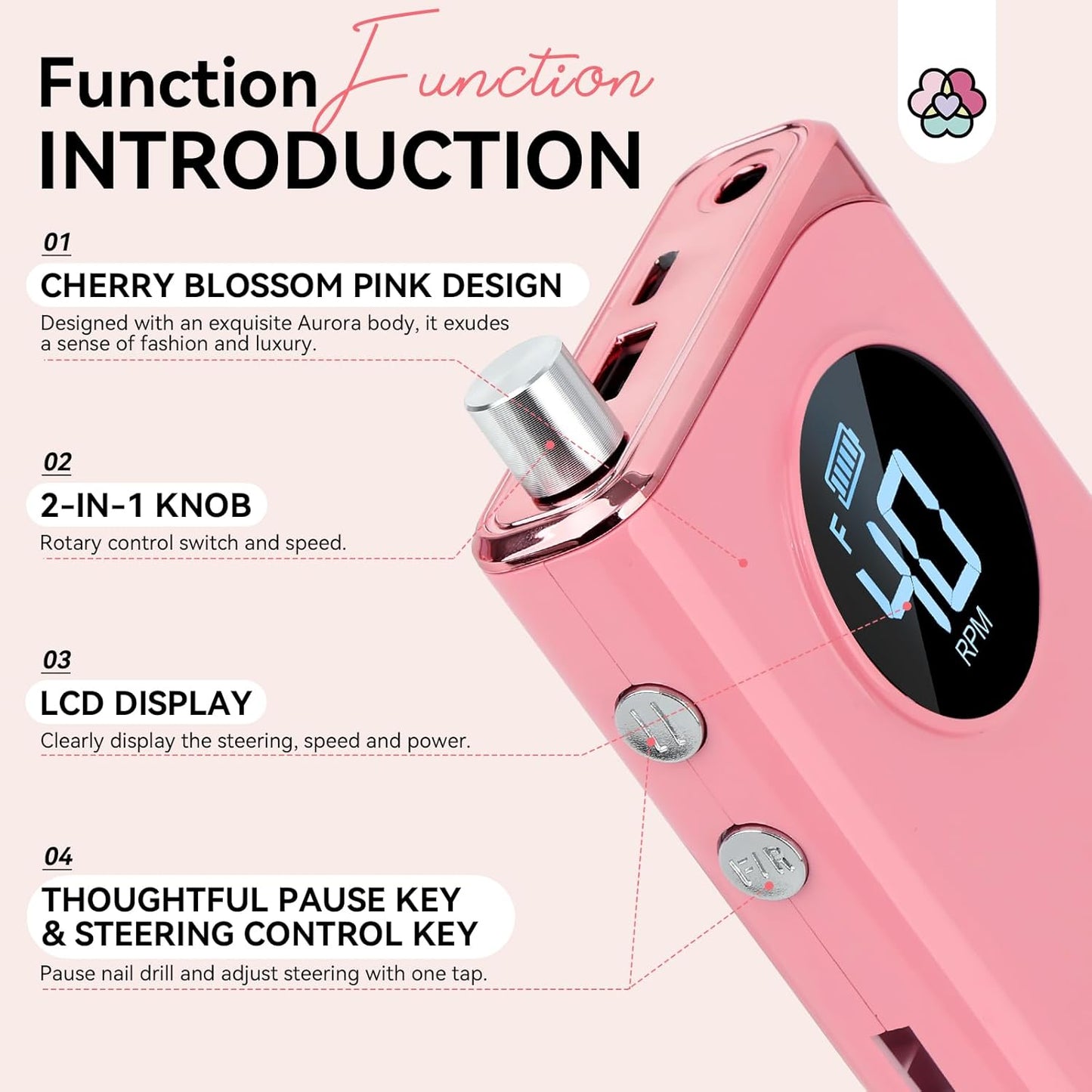 SAVILAND Electric Nail Drill Professional: 40000RPM Pink Rechargeable Electric Nail Filer with 6000mAh Battery, for Shaping, Removing & Polishing Acrylic Nails Home Salon Manicure Pedicure Ideal Gift