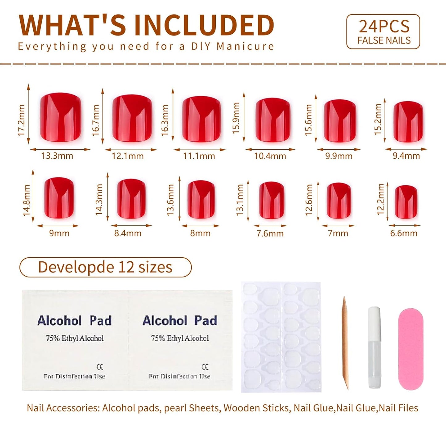 Press on Nails Short Square, True Red Fake Nails Kit, Fashion Glossy Acrylic Press on Nail, Natural Stick on Nail, Thick Reusable Glue on Nails Short Press on Nail for Women, 30Pcs