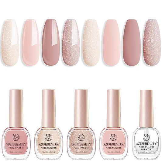 AZUREBEAUTY Nail Polish Set, 4 Colors Nude SKin Glitter Pearl Long Lasting All Season Quick Dry Natural Fingernail Lacquer Strengthening Treatment Kit 10ML with Top Coat DIY Salon at Home