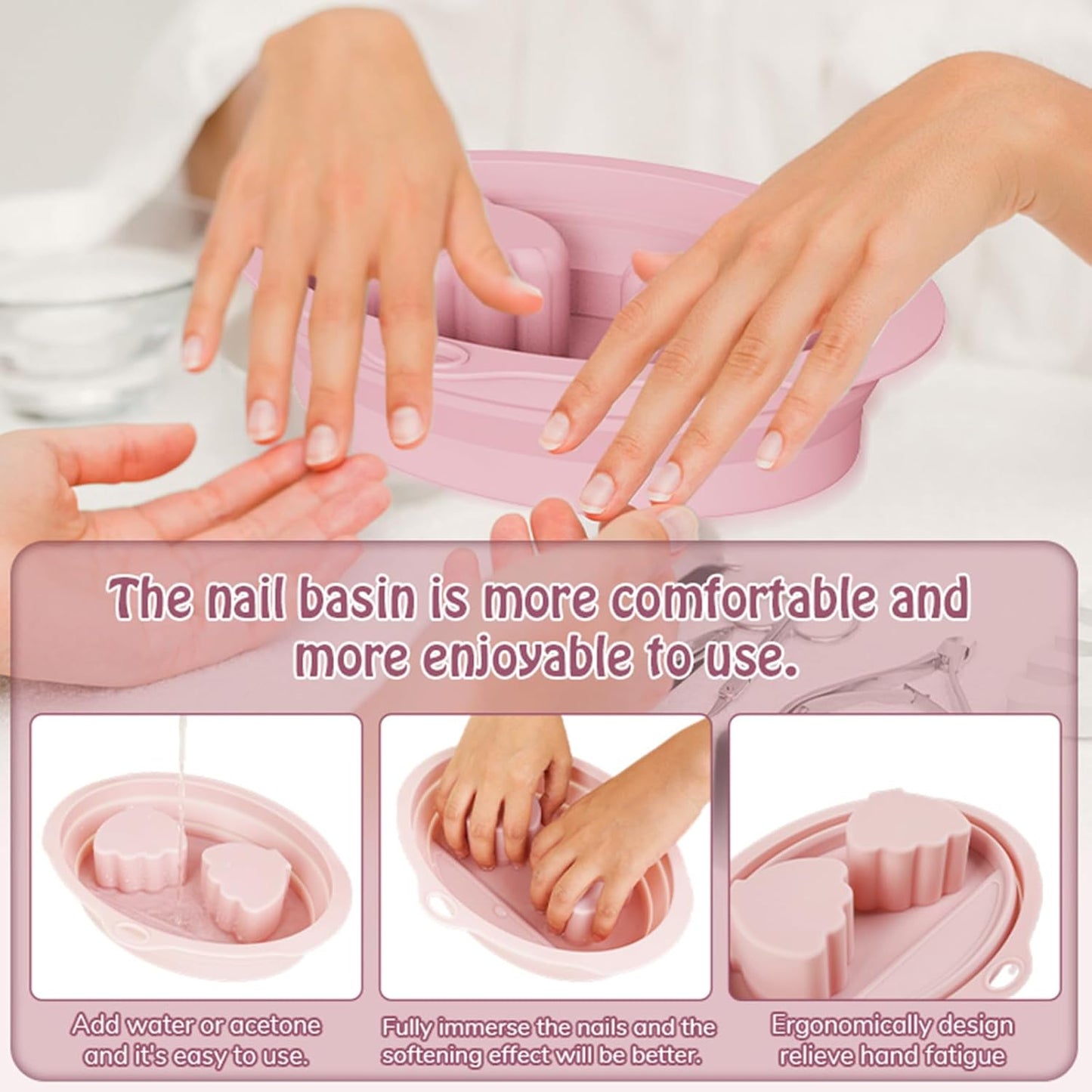 Nail Soaking Bowl, Silicone Foldable Soak Off Gel Polish Dip Powder Manicure Remover Bowl, with Cuticle Pusher, Cuticle Peeler, Nail File