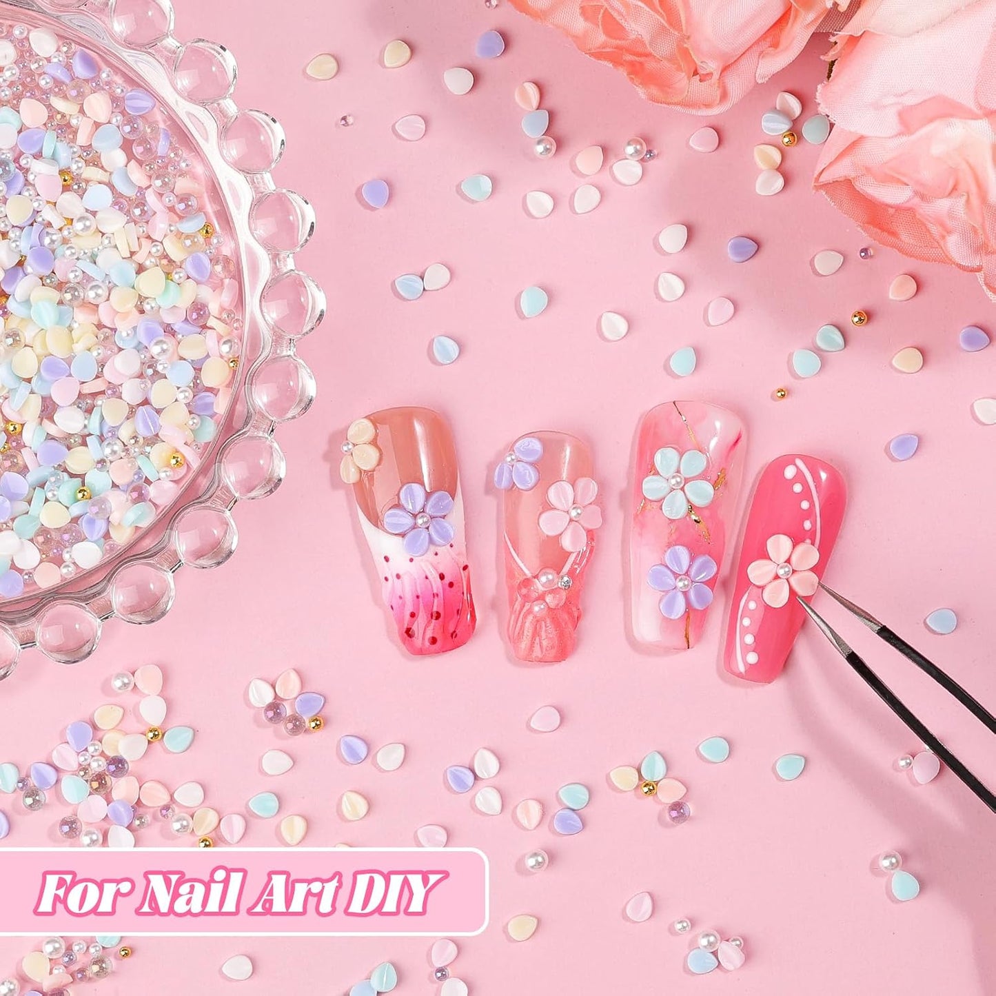 500Pcs Flower Nail Charms Kit, 400Pcs 3D Colorful Flowers Petals and 100Pcs Round Pearls with Nail Beads, Cherry Blossom Petal Tiny Gems Mixed Rhinestone for Nails DIY