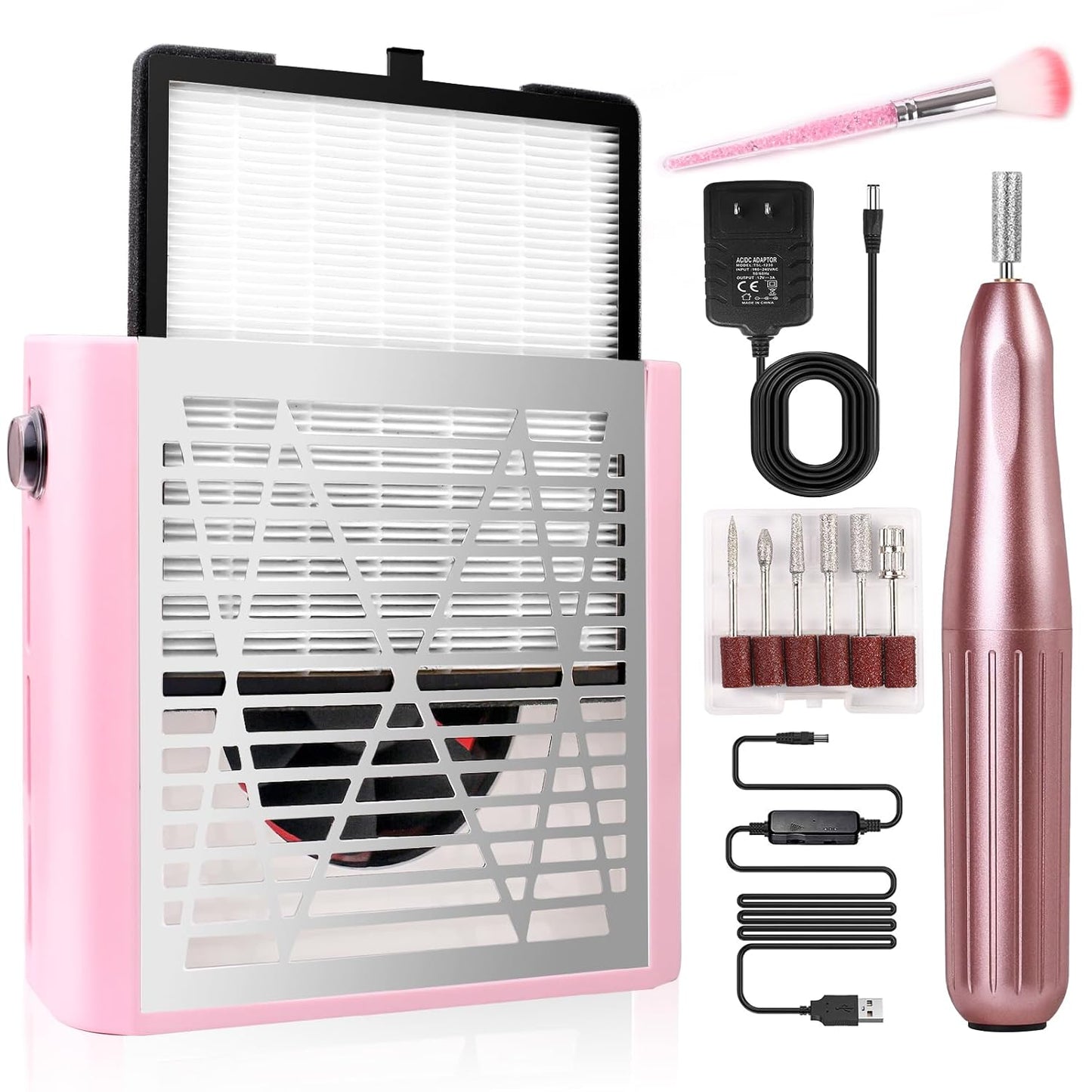 Acrylic nail kit with dust collector for nail tech - Pink nail dust collector & Drill with Reusable Filter and Brush (Pink)
