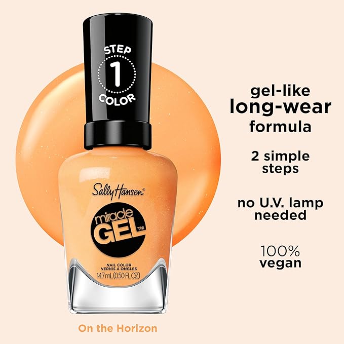 Sally Hansen Miracle Gel Salon Quality Nail Polish | Gel-Like Formula, Two-Step System, No UV Light Needed, Long Lasting | Opaque | 385 On the Horizon | Bright Orange Nail Color
