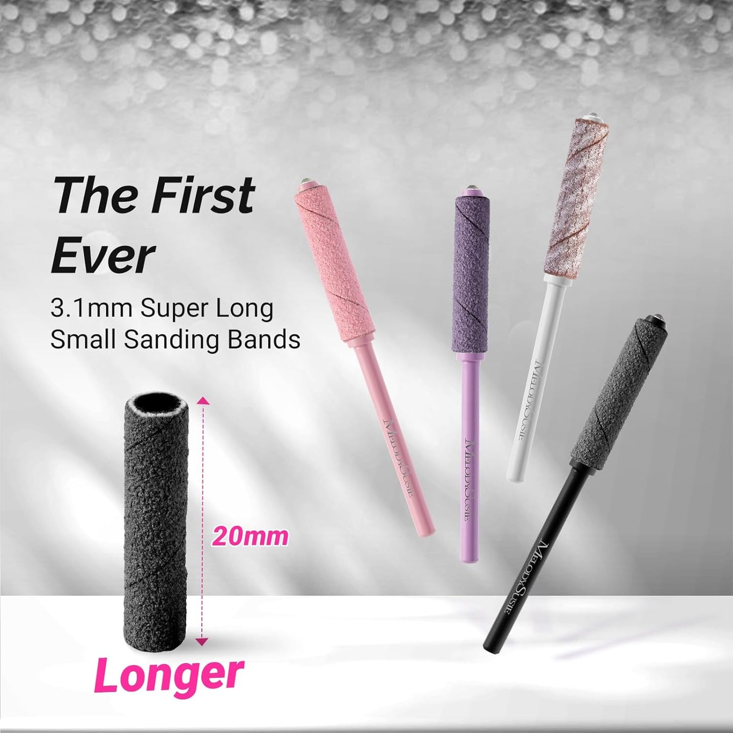 MelodySusie 50 Pcs Nail Drill Bits Super Long Small Sanding Bands with 3.1mm Crystal Mandrel Bit, 180 Fine Grit Nail File for Acrylic Nails Gel Manicures and Pedicure, Black