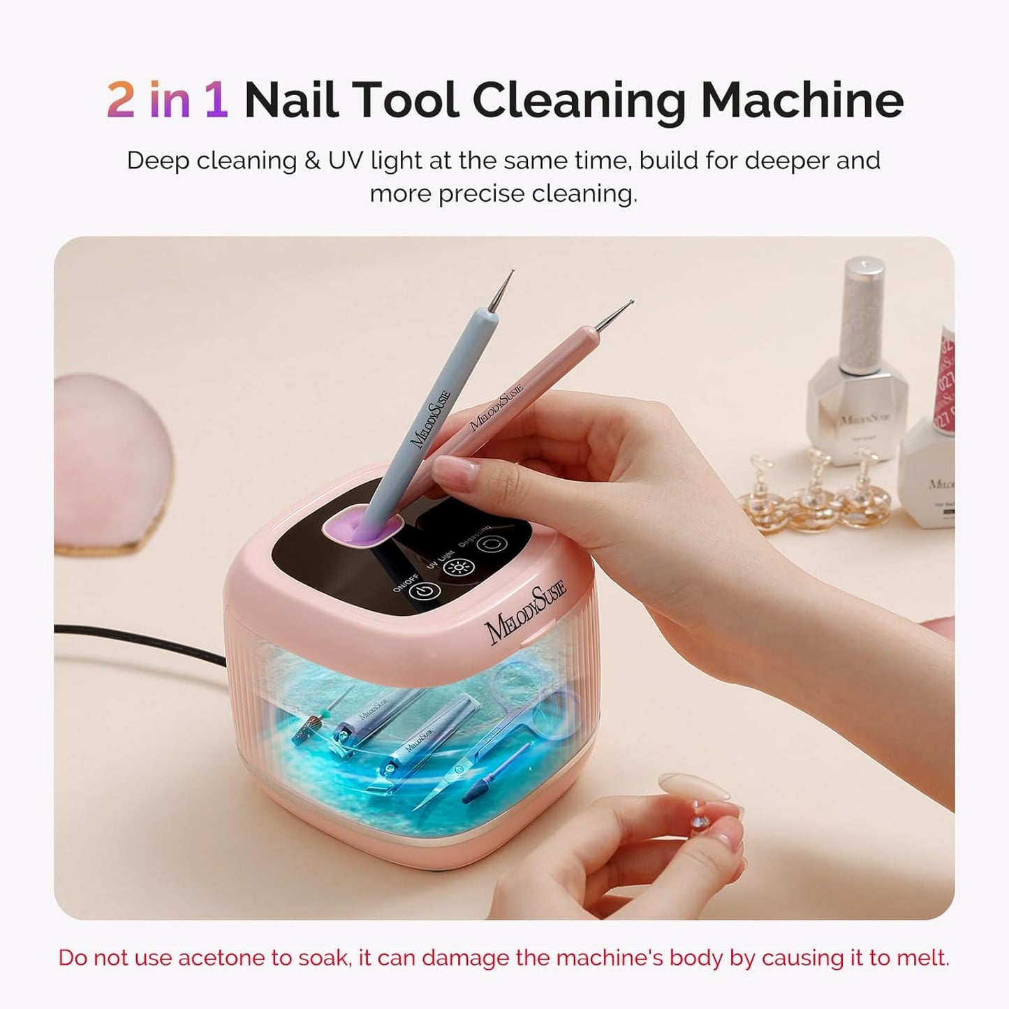 [2025 Upgraded] MelodySusie 2 in 1 Nail Tool Cleaning Machine, 3 Timers Mode for Nail Drill Bits, Nail Art Brush, Nail Clipper, Jewelry Cleaning, Salon & Home Use, Pink,DL-160