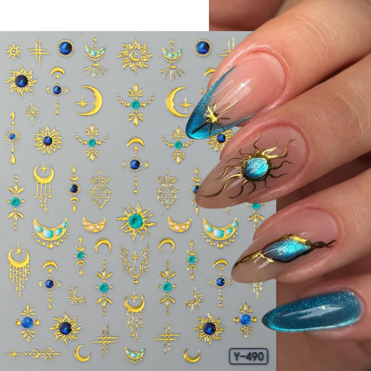 2 Sheets Star Sun Moon Nail Art Stickers 5D Embossed Gold Silver Nail Stickers Bohemian Style Blue Green Crystal Diamonds Design Star Nail Art Decals Manicure Slider for Women DIIY Nail Decorations