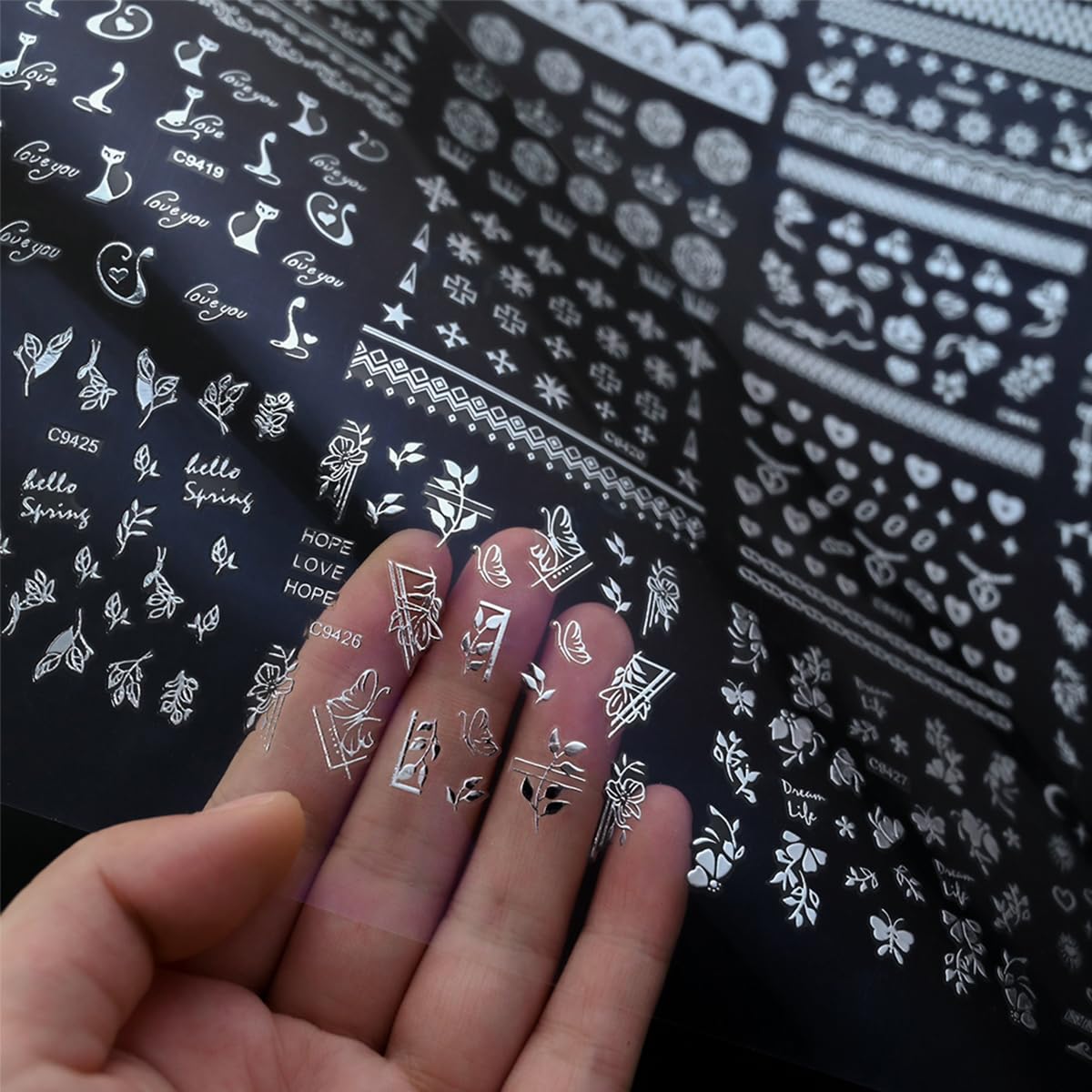 30 Sheets Star Moon Nail Stickers Cute Little Cat Nail Art Stickers 3D Silver Heart Nail Decals Self-Adhesive Retro Nail Supplies Line Flower Leaf Nail Art Design Manicure for Women DIY Acrylic Nails