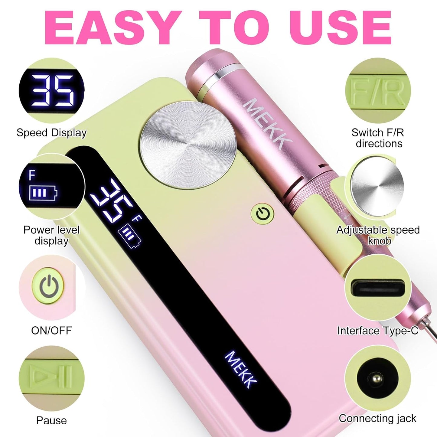 MEKK Nail Drill Kit,35000RPM Electric Nail Drill Professional Electric Nail File with 12PCS Bits,Anti-Shaking Cordless E Filer for Nails,Home & Salon(Pink-Green)