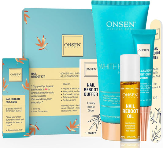 Onsen Secret Ultimate Nail Reboot Kit - Includes Cuticle Oil & Anti Aging Hand Lotion, Professional Nail File and Buffer, 3-Way Block w/Replacement Pads, Nail Strengthening Cuticle Cream