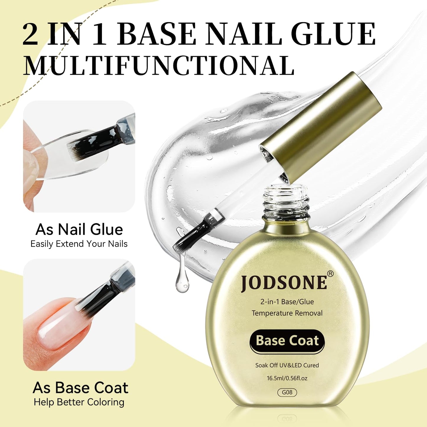 JODSONE 2-in-1 Base Coat – 16.5ml No Wipe, Warmly Removable Foundation for Gel Nail Polish & Tips. U V/LED Cured, Long-Lasting, DIY Use