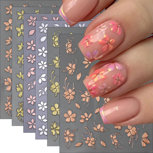 6Sheets Flower Nail Art Stickers 3D Bronzing Floral Leaf Nail Decals Self Adhesive Metallic Rose Gold Silver Flowers Design Nail Supplies Spring Nail Stickers Decoration for Acrylic Nails DIY