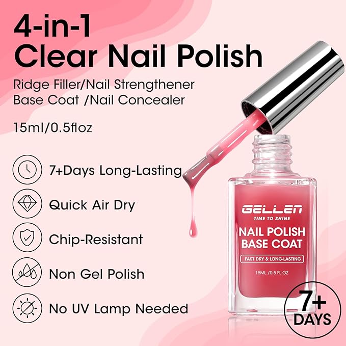 GELLEN 4‑in‑1 Clear Nail Polish Base Coat Sheer Tinted Red, Ridge Filler, Nail Strengthener & Concealer, Calcium Formula Strengthen Nails, Natural Color Enhance Natural Look, HEMA Free, Anti Yellow