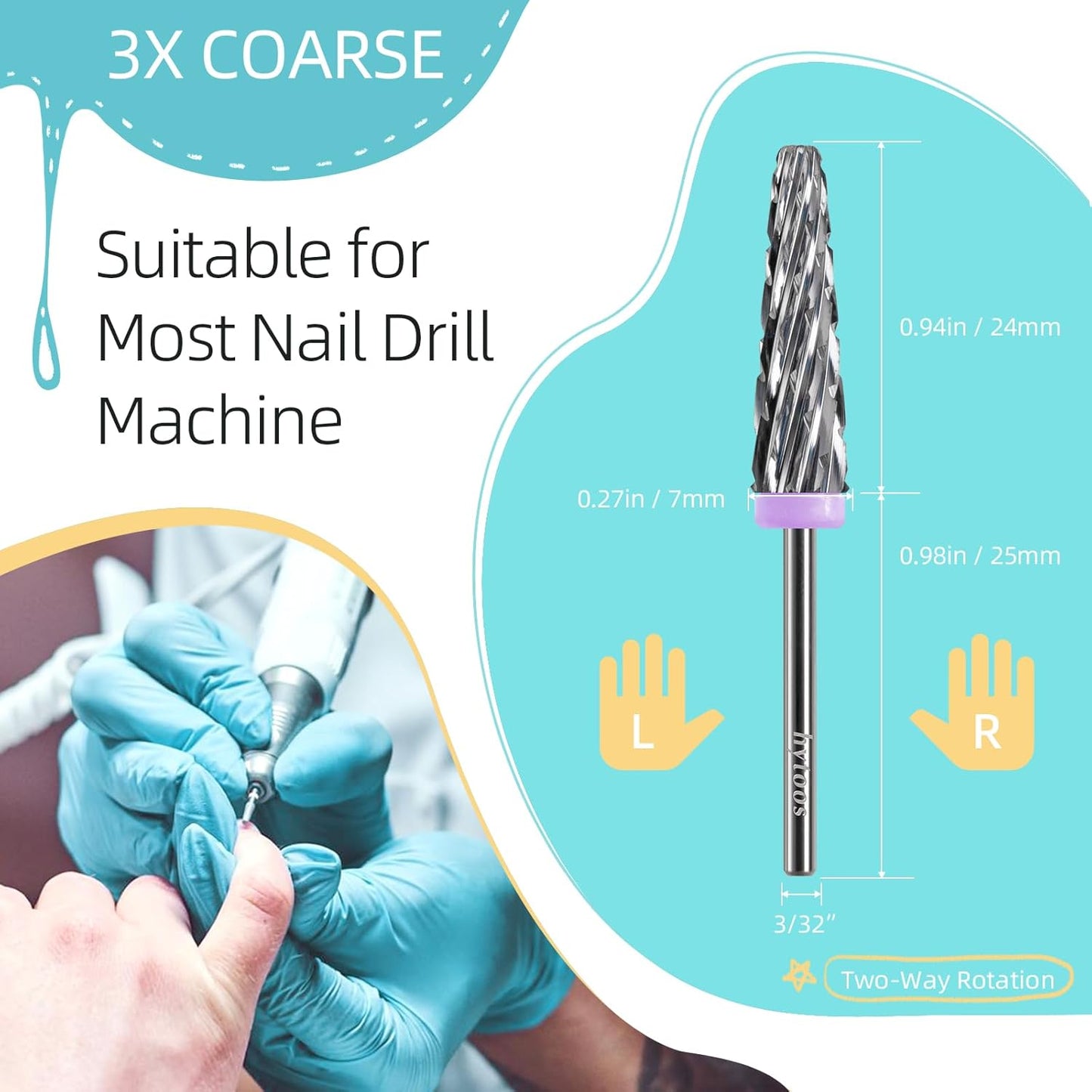 5 in 1 Nail Drill Bits, 24mm Super Long Carbide Tapered Nail Bit, 3/32" Two-way Rotate Acrylic Drill Bits for Nails, Removal Gel Electric Drills File Manicure Accessories (3XC)